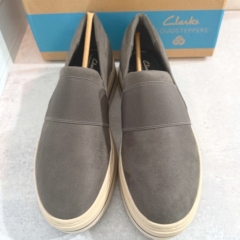 NIB Clarks Cloudsteppers‎ Audreigh Eve Dark Gray Slip On Platform Sneakers 9.5M